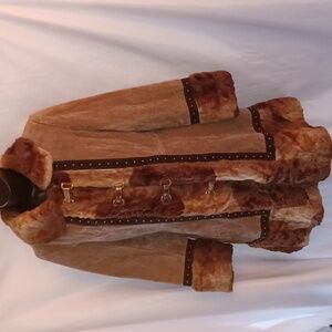 70s Trail Tracer Faux Fur Coat Brown wBlack Trim Bohemian Coat, union made